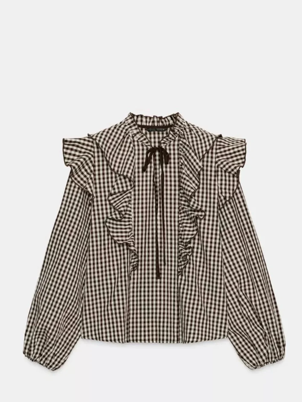 Zara Brown White Gingham Ruffle Shirt Top Sz S - Picture 4 of 14